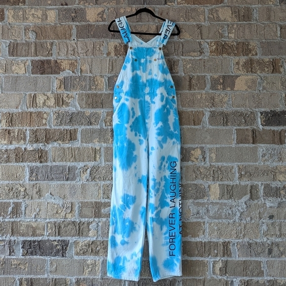 Flan Labs Aqua Blue White Tie Dye Overalls Size XS Forever Laughing at Nothing - Picture 1 of 9